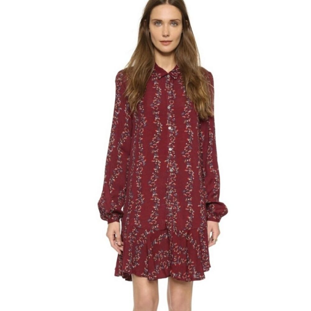 FREE PEOPLE Long Sleeve Shirt Dress Size Small Burgundy Floral Autumn Style